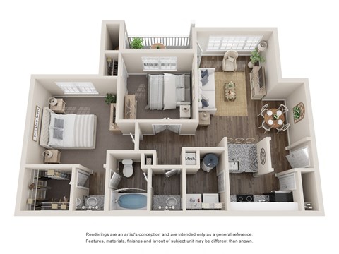 Floor plan for 2 beds, 1 bath, 980 sqft